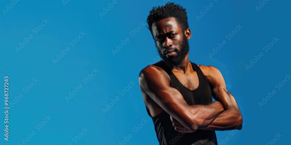 Poster a man with a beard and a tank top is standing in front of a blue sky. he is looking at the camera wi