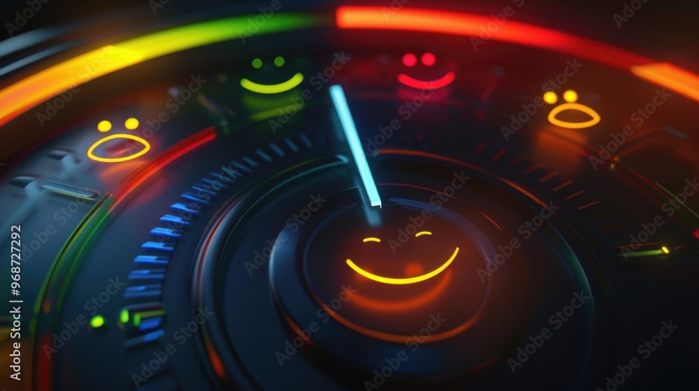 Poster a glowing smiley face is on a digital clock. the clock is showing a time of 10:00
