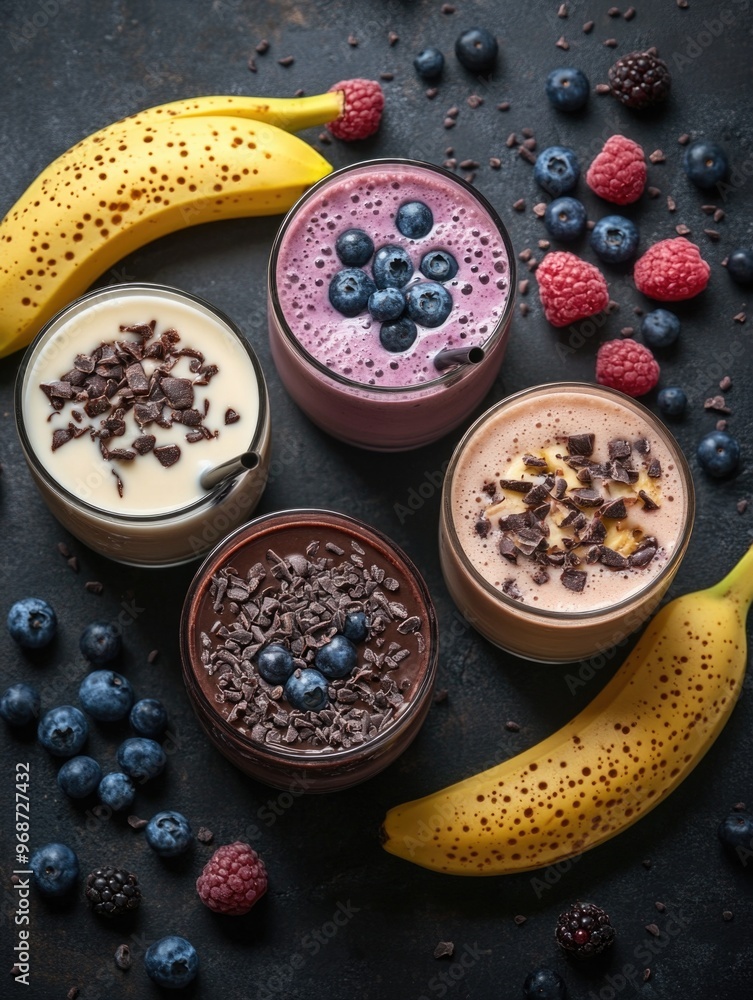 Aufkleber a group of smoothies with bananas and berries on a table. the smoothies are in different colors and 