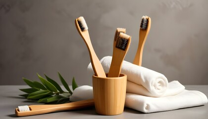 Eco toothbrushes. Bamboo toothbrushes cup, natural soap, plastic free ear sticks, wooden hair brush and white towels on gray stone background