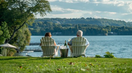 Obraz premium Couple Sitting on White Adirondack Chairs Enjoying Lake View with Ice Bucket and Glasses of Wine, Small Table with Mugs, Surrounded by Green Trees