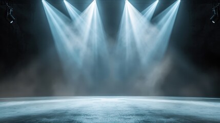 Modern Dance Stage with Dynamic Lighting, an empty stage featuring vibrant spotlights, designed for...