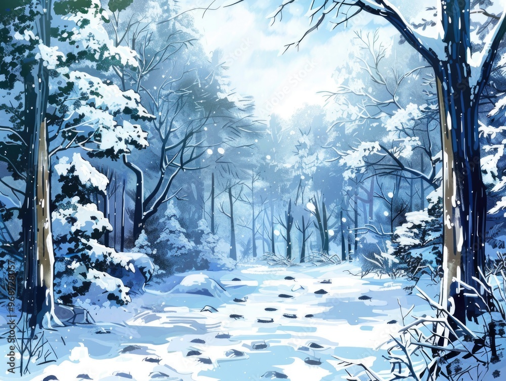 Poster a snowy forest with trees and a path