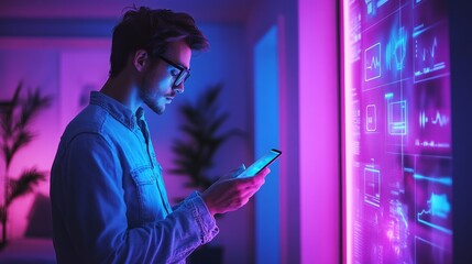 Man Using Phone Neon Light.