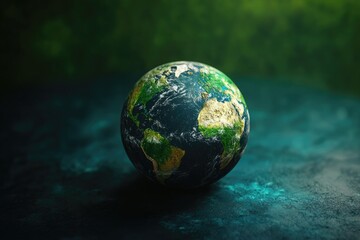 Fototapeta premium A small globe of the earth sits on a dark surface. The globe is surrounded by a green background, which gives the impression of a lush, vibrant planet