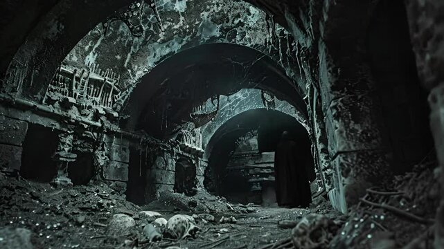 A lone figure walks through a decaying ancient temple surrounded by bones and dust