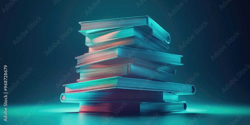 Poster a stack of books with a blue background. the books are stacked on top of each other, creating a sens