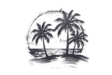 A drawing of a beach with palm trees and a sunset in the background. The drawing is black and white and has a vintage feel to it