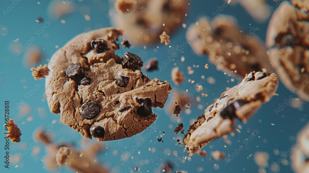 Poster a close up of a chocolate chip cookie with a few pieces missing. the cookie is flying through the ai