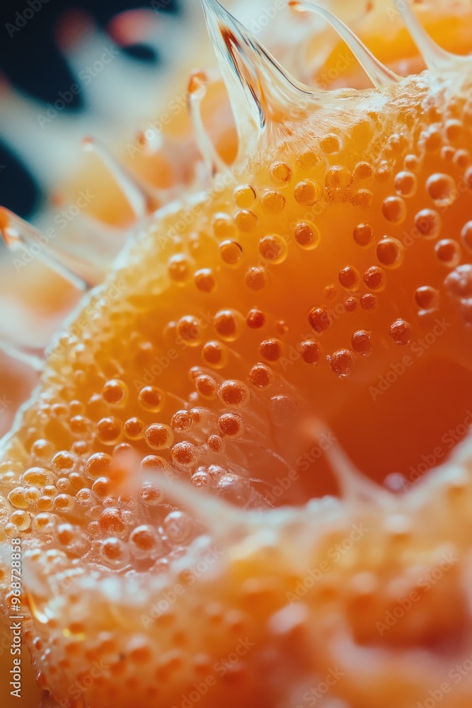 Poster a close up of a fuzzy orange blob with many small bubbles. the image has a dreamy, surreal quality t