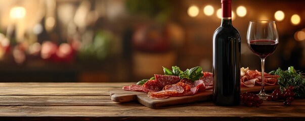 A bottle of red wine with a glass alongside a rustic charcuterie board featuring assorted cured meats, cheese, and fresh grapes on a wooden table