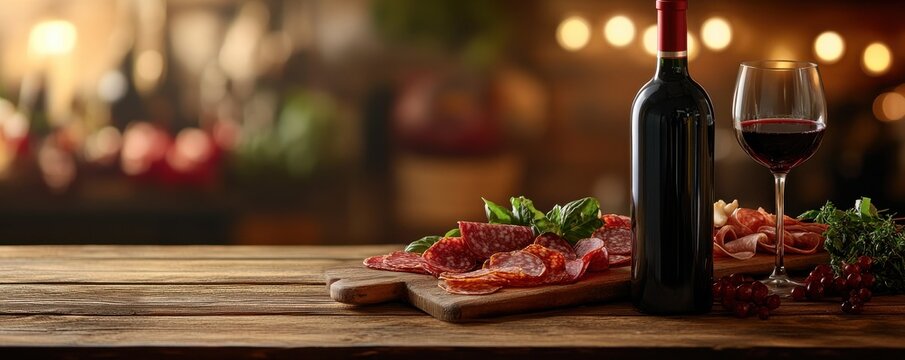 A bottle of red wine with a glass alongside a rustic charcuterie board featuring assorted cured meats, cheese, and fresh grapes on a wooden table