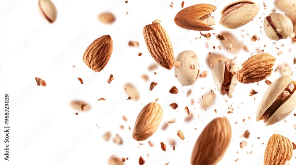 Poster a bunch of nuts are flying through the air. the nuts are scattered all over the image. the image has