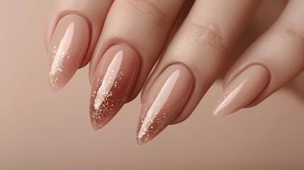 Close-up of stylish, long nude nails with glitter and rhinestone embellishments.