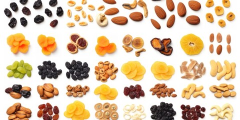 Fototapeta premium A variety of nuts and dried fruits are spread out on a white background. Concept of abundance and variety, as there are many different types of nuts and dried fruits on display