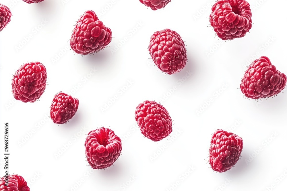 Poster a close up of a bunch of raspberries. the raspberries are scattered across the image, with some of t