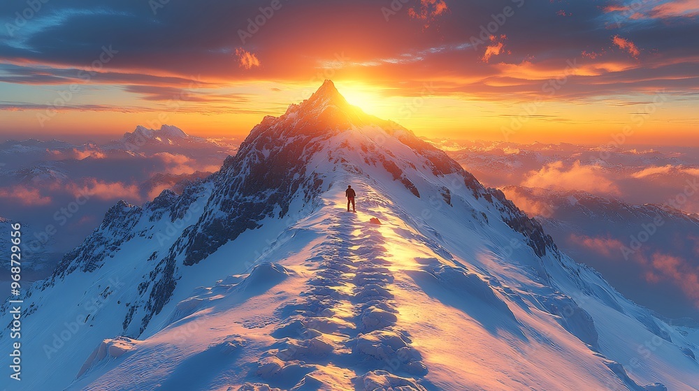 Wall mural photorealistic image of a snowy mountain peak bathed in the golden light of sunrise with a hiker sta