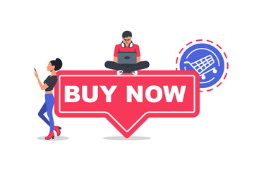 Buy now. Online shopping concept. Modern technology e-shopping. Purchases in internet. E-commerce. Young people buy online. Vector illustration flat design. Isolated on white background.