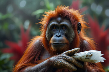 Fototapeta premium Portrait of Orangutan in Borneo Forest, Site of Indonesia's New Capital