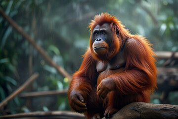 Fototapeta premium Portrait of Orangutan in Borneo Forest, Site of Indonesia's New Capital