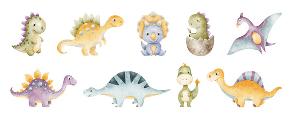 Set of cute colorful dinosaurs like dinosaur rex, pterodactyl, stegosaurus, brontosaurus, spinosaurus, triceratops. Isolated hand drawn watercolor illustrations of dinos. Children's clipart © Fedulova_art