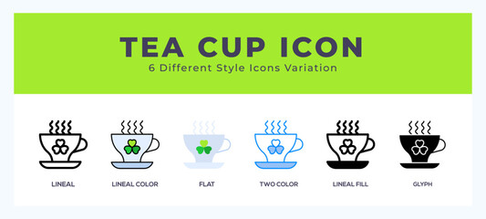 Tea cup icon set with different styles. Design elements for logo. Vector illustration.