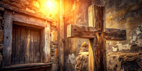 A worn wooden cross stands resilient against a backdrop of weathered stone, subtle sunlight illuminating the intricate carvings.
