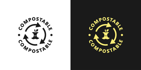 Compostable icon. Compostable logo, sign, label, sticker, food package stamp. Compostable product. Ecological product. Recyclable and biodegradable. Vector