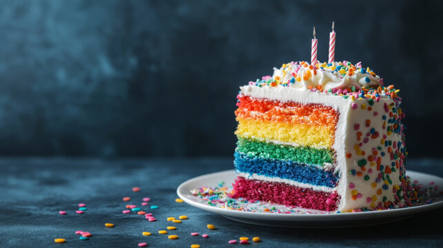 Vibrant rainbow cake slice with sprinkles and lit candles
