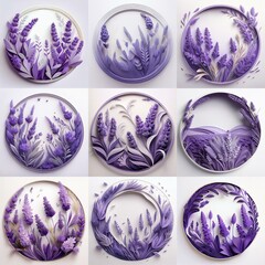 Fototapeta premium Nine paper flowers arranged in circular frames on a white background.