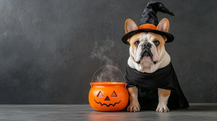 A bulldog in witch costume sits next to bubbling pumpkin cauldron, creating fun and festive Halloween atmosphere. playful expression adds to charm of this adorable scene