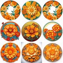 Nine circular designs featuring stylized, layered orange flowers and leaves against various backgrounds.