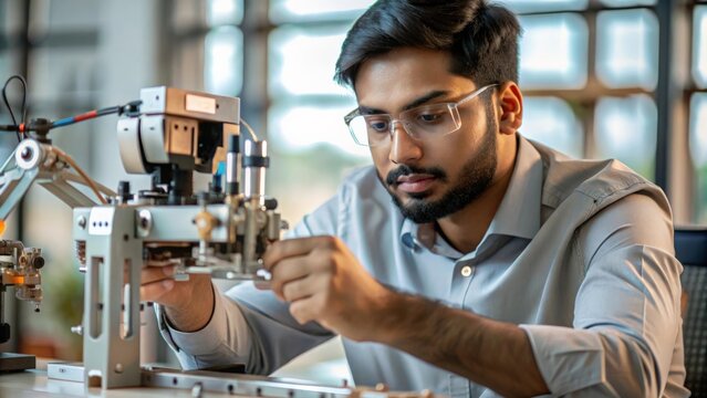 An Indian robotics engineer assembling intricate machine parts, highlighting advanced mechanical and robotic integration.