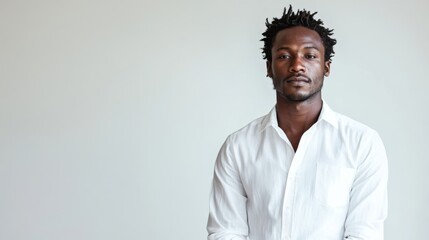 Obraz premium Confident Black Man in White Shirt Against Minimalist White Background