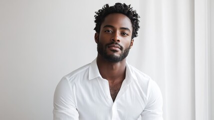 Obraz premium Serene Elegance - Handsome Black Man Posing in White Shirt Against Minimal White Background