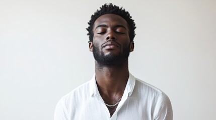 Obraz premium Serene Black Man in White Shirt Posed Against Soft White Background with Gentle Illumination