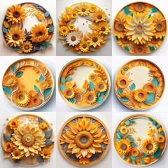 Nine circular arrangements of paper sunflowers and leaves on a white background.