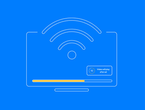 Vector illustration of CTV advertising concept. Connected TV ads and data-driven media marketing. Programmatic CTV campaigns for targeted tv advertising. Isolated on blue background with icons