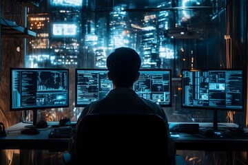 Cybersecurity Professional Working Late in a Cityscape
