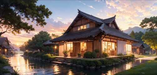 Naklejka premium Traitional Japanese House by River at Sunset