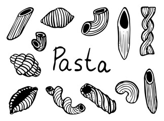 Pasta set hand drawn doodle. Macaroni feathers, horns, spirals, shells, curls. Food made from wheat dough. Food product. Garnish. Grocery. Vector sketch line art illustration.