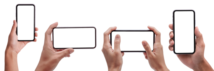 Hand Holding Smart Phone Set , the black smartphone with blank screen for Infographic Global Business web site design app and advertisement - Clipping Path