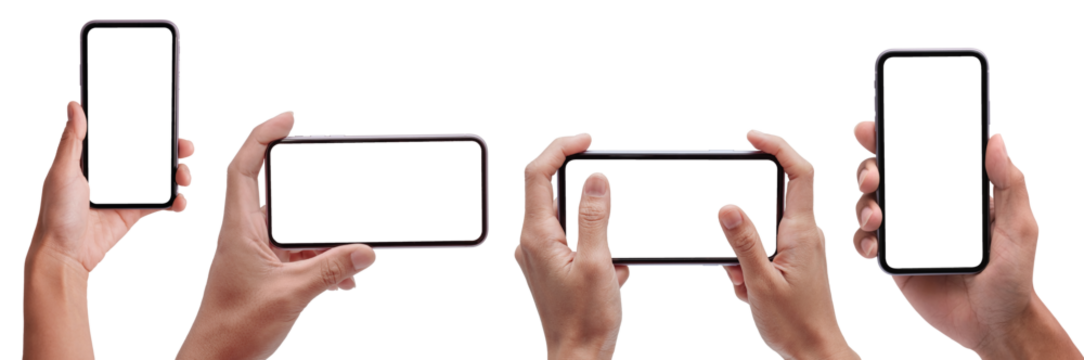 Hand Holding Smart Phone Set , the black smartphone with blank screen for Infographic Global Business web site design app and advertisement - Clipping Path