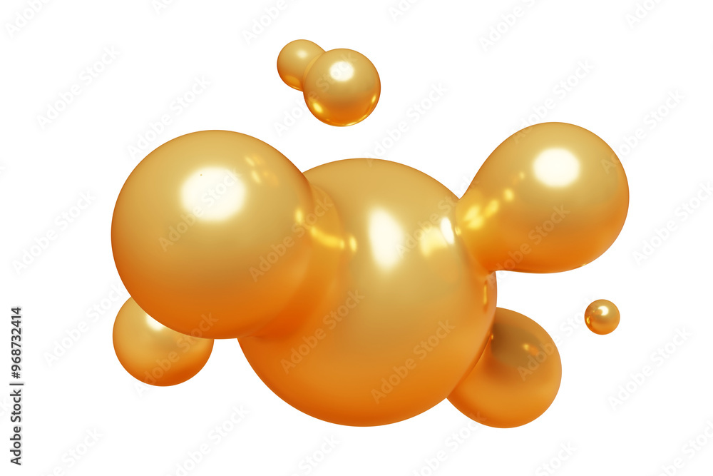 Poster golden abstract liquid metaball shape. 3d render illustration of fluid soft bubble blob. organic gol