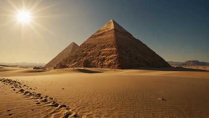 A giant pyramid hidden in a silver desert, with its peak shining with golden light, set against an endless expanse of sand dunes and a high-hanging sun.