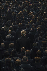 Obraz premium Young Man Peering Through Crowd with Curly Hair