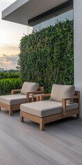 Modern outdoor terrace in a villa with minimalist furniture plants. Outdoor interior design concept image.