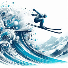 Fototapeta premium Ski jumper soaring off the ramp with explosive snow and energy