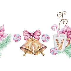 Watercolor seamless border - christmas jingle golden bell with bow. White mug with gold reindeer with openwork snowflake. Candy cane, candle, poinsettia flowers. Noel. Border, elements for new year