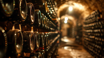 Rows of Wine Bottles in a Warmly Lit Cellar